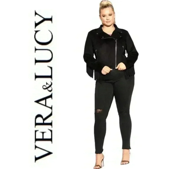 Vera & Lucy Tassel Faux Suede Black Moto Wing Collar Jacket Coat Size M - Picture 1 of 13